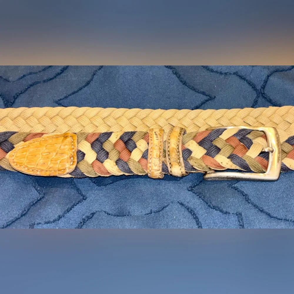 Men’s Multicolor Woven Braided Belt, Real Crocodile Leather Trim, Brass Buckle